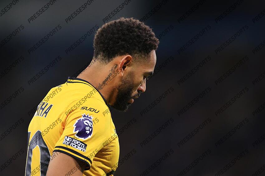 2nd May 2025 - Premier League - Manchester City v Wolverhampton Wanderers - A tattoo on the neck of Matheus Cunha of Wolverhampton Wanderers - Photo: Simon Stacpoole / Offside. MANCHESTER CITY-WOLVERHAMPTON WANDERERS (1-0) 