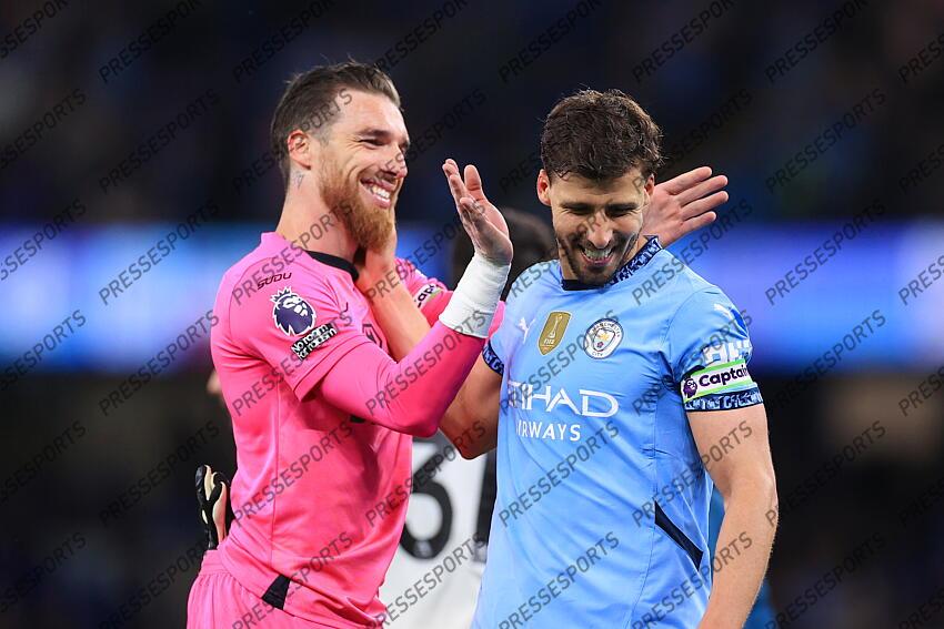 2nd May 2025 - Premier League - Manchester City v Wolverhampton Wanderers - Wolverhampton Wanderers goalkeeper Jose Sa interacts with Ruben Dias of Manchester City after the match - Photo: Simon Stacpoole / Offside. MANCHESTER CITY-WOLVERHAMPTON WANDERERS (1-0) 