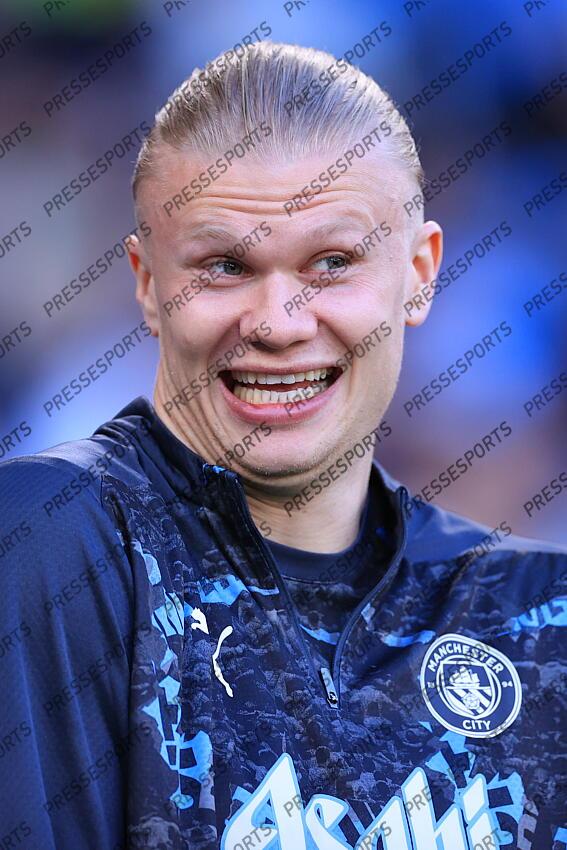 2nd May 2025 - Premier League - Manchester City v Wolverhampton Wanderers - Erling Haaland of Manchester City laughs and smiles - Photo: Simon Stacpoole / Offside. MANCHESTER CITY-WOLVERHAMPTON WANDERERS (1-0) 