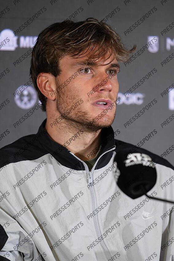 Jack Draper of Great Britain attends his press conference after losing against Casper Ruud of Norway during the Men Singles Final of Mutua Madrid Open 2025 - ATP Masters 1000 celebrated at Caja Magica on May 04, 2025 in Madrid, Spain. FINALE DRAPER/RUUD 