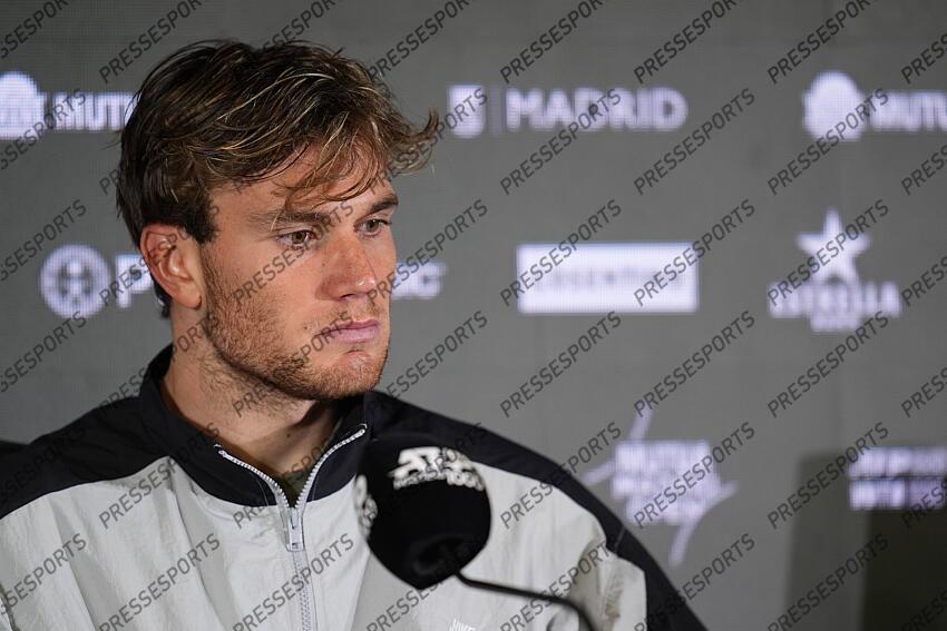 Jack Draper of Great Britain attends his press conference after losing against Casper Ruud of Norway during the Men Singles Final of Mutua Madrid Open 2025 - ATP Masters 1000 celebrated at Caja Magica on May 04, 2025 in Madrid, Spain. FINALE DRAPER/RUUD 