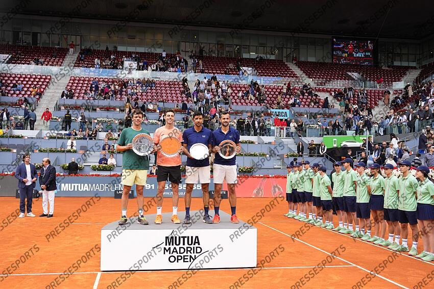 Horacio Zeballos of Argentina and Marcel Granollers of Spain (winners) pose for photo with Marcelo Arevalo of El Salvador and Mate Pavic of Croatia (second place) during the Men Double’s Final of Mutua Madrid Open 2025 - ATP Masters 1000 celebrated at Caja Magica on May 03, 2025 in Madrid, Spain. FINALE MUTUA MADRID OPEN 