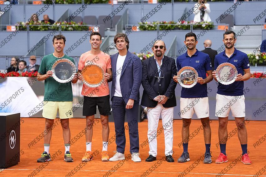 Horacio Zeballos of Argentina and Marcel Granollers of Spain (winners) pose for photo with Feliciano Lopez, Miguel Diaz Roman, Marcelo Arevalo of El Salvador and Mate Pavic of Croatia (second place) during the Men Double’s Final of Mutua Madrid Open 2025 - ATP Masters 1000 celebrated at Caja Magica on May 03, 2025 in Madrid, Spain. FINALE MUTUA MADRID OPEN 