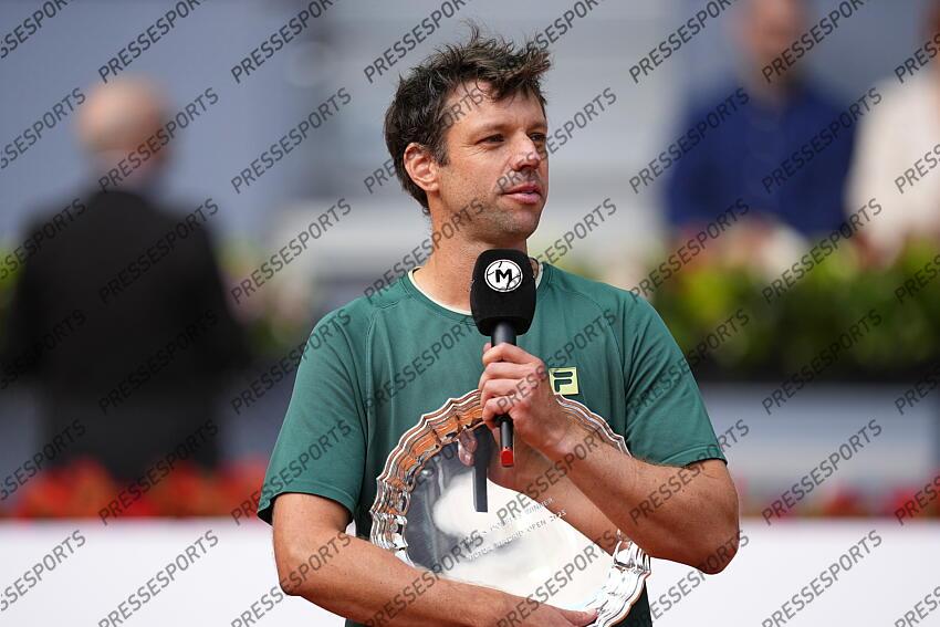 Horacio Zeballos of Argentina attends with the winner trophy won with Marcel Granollers of Spain after winning against Marcelo Arevalo of El Salvador and Mate Pavic of Croatia during the Men Double’s Final of Mutua Madrid Open 2025 - ATP Masters 1000 celebrated at Caja Magica on May 03, 2025 in Madrid, Spain. FINALE MUTUA MADRID OPEN 