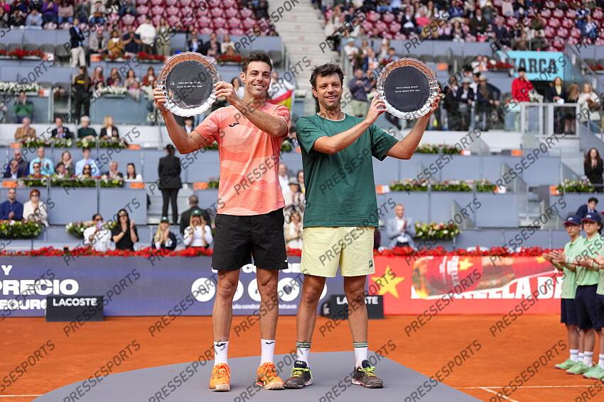 Horacio Zeballos of Argentina and Marcel Granollers of Spain pose with the winners trophies after winning against Marcelo Arevalo of El Salvador and Mate Pavic of Croatia during the Men Double’s Final of Mutua Madrid Open 2025 - ATP Masters 1000 celebrated at Caja Magica on May 03, 2025 in Madrid, Spain. FINALE MUTUA MADRID OPEN 