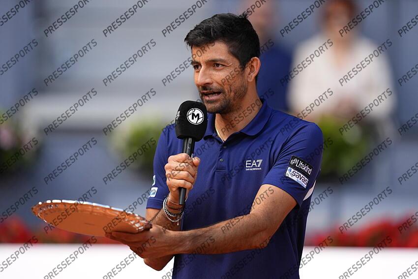 Marcelo Arevalo of El Salvador attends with the second place trophies after losing doubles with Mate Pavic of Croatia against Horacio Zeballos of Argentina and Marcel Granollers of Spain during the Men Double’s Final of Mutua Madrid Open 2025 - ATP Masters 1000 celebrated at Caja Magica on May 03, 2025 in Madrid, Spain. FINALE MUTUA MADRID OPEN 