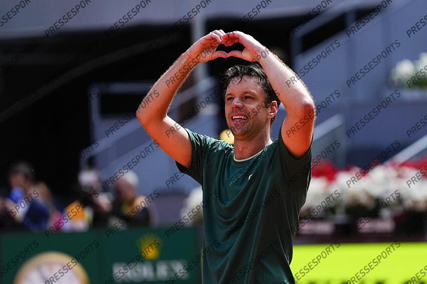 Horacio Zeballos of Argentina celebrates after winning the doubles with Marcel Granollers of Spain against Marcelo Arevalo of El Salvador and Mate Pavic of Croatia during the Men Double’s Final of Mutua Madrid Open 2025 - ATP Masters 1000 celebrated at Caja Magica on May 03, 2025 in Madrid, Spain. FINALE MUTUA MADRID OPEN 