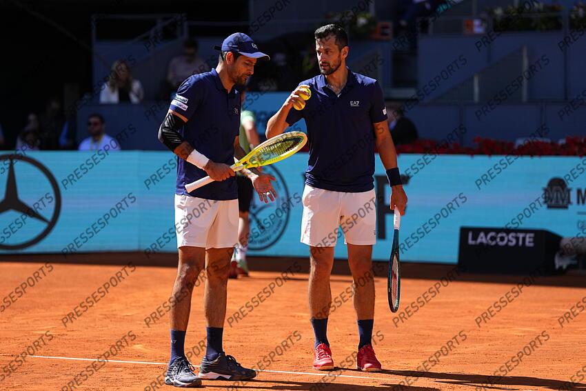 Marcelo Arevalo of El Salvador and Mate Pavic of Croatia play doubles against Horacio Zeballos of Argentina and Marcel Granollers of Spain during the Men Double’s Final of Mutua Madrid Open 2025 - ATP Masters 1000 celebrated at Caja Magica on May 03, 2025 in Madrid, Spain. FINALE MUTUA MADRID OPEN 