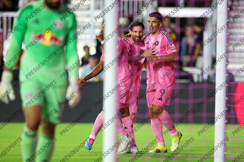 May 3, 2025; Fort Lauderdale, Florida, USA; Inter Miami CF forward Luis Suarez (9) celebrates with forward Lionel Messi (10) after scoring a goal against the New York Red Bulls in the first half at Chase Stadium. Mandatory Credit: Nathan Ray Seebeck-Imagn Images MLS: New York Red Bulls at Inter Miami CF 
