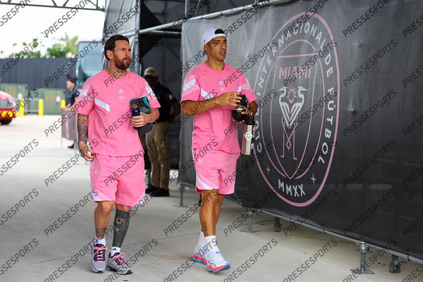May 3, 2025; Fort Lauderdale, Florida, USA; Inter Miami CF forward Lionel Messi (10) and forward Luis Suarez (9) arrive for a match against the New York Red Bulls at Chase Stadium. Mandatory Credit: Nathan Ray Seebeck-Imagn Images MLS: New York Red Bulls at Inter Miami CF 