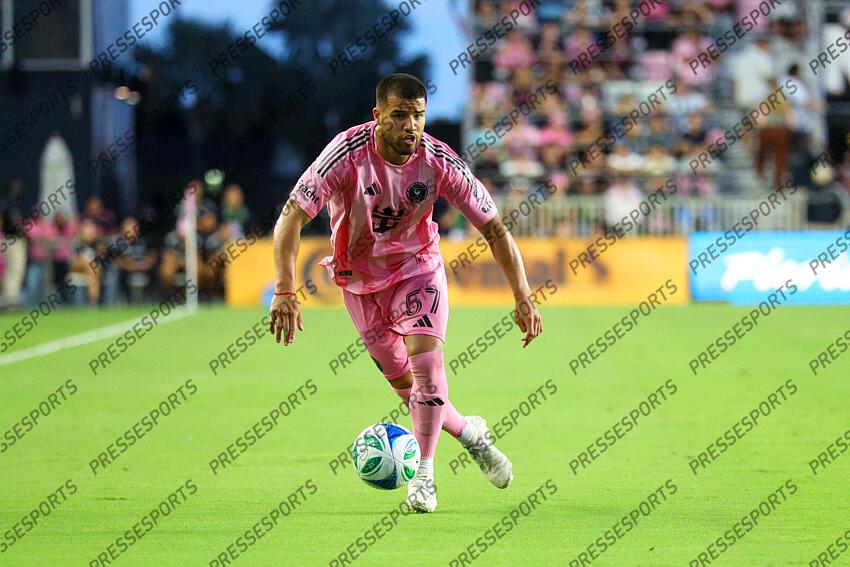 May 3, 2025; Fort Lauderdale, Florida, USA; Inter Miami CF defender Marcelo Weigandt (57) controls the ball against the New York Red Bulls in the first half at Chase Stadium. Mandatory Credit: Nathan Ray Seebeck-Imagn Images MLS: New York Red Bulls at Inter Miami CF 
