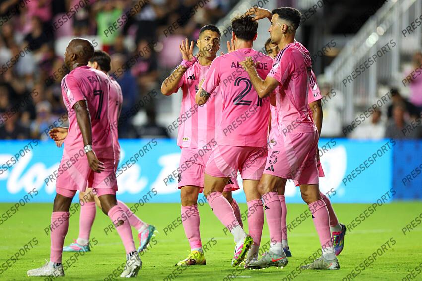 May 3, 2025; Fort Lauderdale, Florida, USA; Inter Miami CF forward Luis Suarez (9) celebrateswith forward Tadeo Allende (21) after scoring a goal against the New York Red Bulls in the first half at Chase Stadium. Mandatory Credit: Nathan Ray Seebeck-Imagn Images MLS: New York Red Bulls at Inter Miami CF 