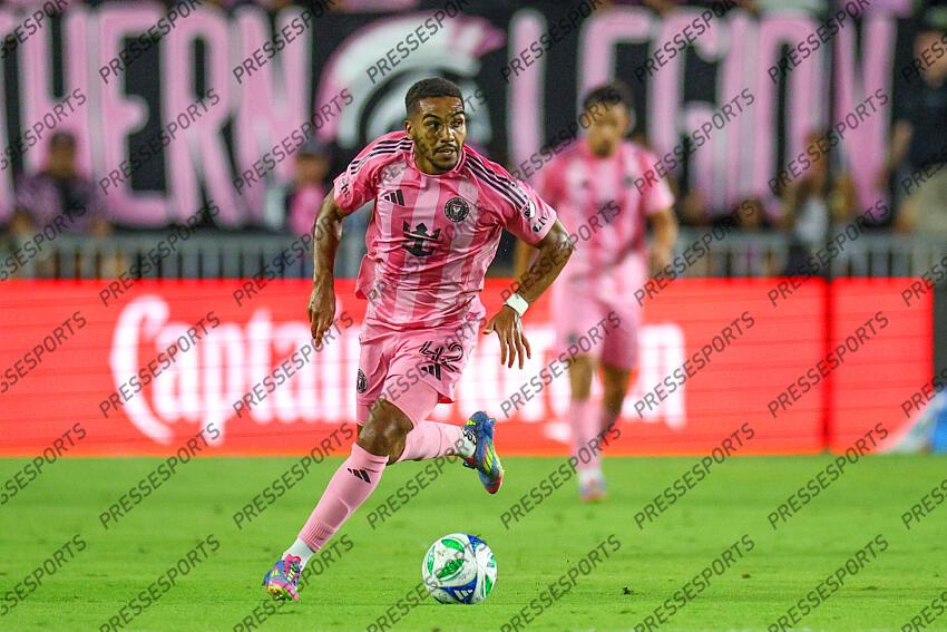 May 3, 2025; Fort Lauderdale, Florida, USA; Inter Miami CF midfielder Yannick Bright (42) controls the ball against the New York Red Bulls in the first half at Chase Stadium. Mandatory Credit: Nathan Ray Seebeck-Imagn Images MLS: New York Red Bulls at Inter Miami CF 