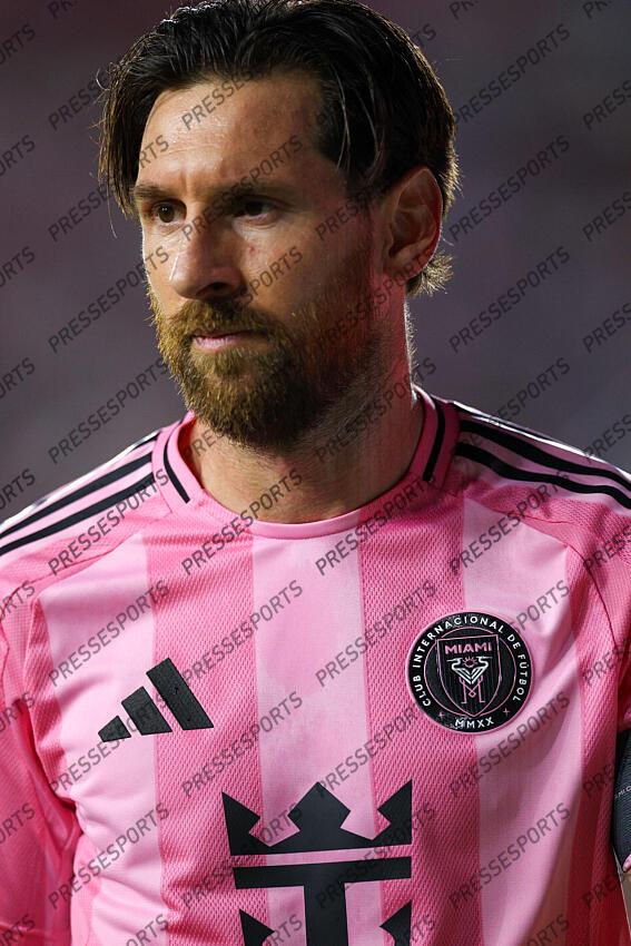 May 3, 2025; Fort Lauderdale, Florida, USA; Inter Miami CF forward Lionel Messi (10) looks on against the New York Red Bulls in the first half at Chase Stadium. Mandatory Credit: Nathan Ray Seebeck-Imagn Images MLS: New York Red Bulls at Inter Miami CF 