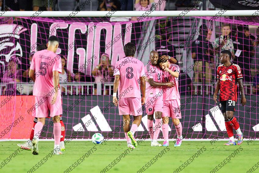 May 3, 2025; Fort Lauderdale, Florida, USA; Inter Miami CF forward Lionel Messi (10) celebrates with midfielder Fafa Picault (7) after scoring a goal against New York Red Bulls in the second half at Chase Stadium. Mandatory Credit: Nathan Ray Seebeck-Imagn Images MLS: New York Red Bulls at Inter Miami CF 