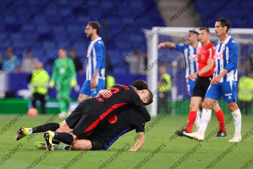 Pau Victor and Fermin Lopez of FC Barcelona celebrate the victory during the Spanish league, La Liga EA Sports, football match played between RCD Espanyol and FC Barcelona at RCDE Stadium on May 15, 2025 in Cornella, Barcelona, Spain. ESPANYOL BARCELONE-FC BARCELONE (0-2) 