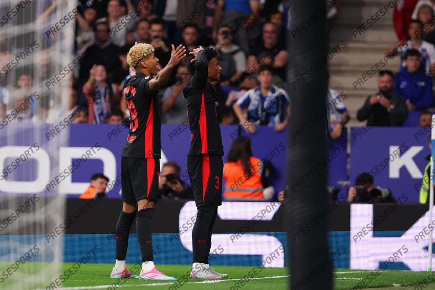 Lamine Yamal of FC Barcelona celebrates a goal with Alejandro Balde of FC Barcelona during the Spanish league, La Liga EA Sports, football match played between RCD Espanyol and FC Barcelona at RCDE Stadium on May 15, 2025 in Cornella, Barcelona, Spain. ESPANYOL BARCELONE-FC BARCELONE (0-2) 