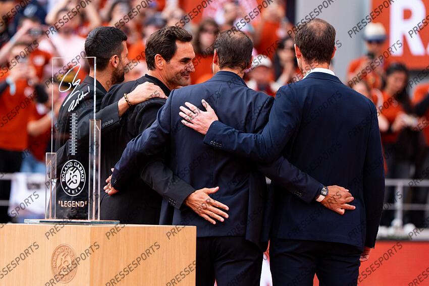 Rafael Nadal (ESP) hommage Céremonie d'hommage à Rafael Nadal Djokovic (Novak) Federer (Roger)Nadal (Rafael) Moretton (Gilles) Murray (Andy) HOMMAGE NADAL 