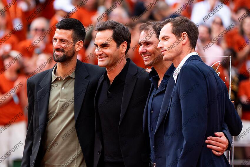Rafael Nadal (ESP) hommage Céremonie d'hommage à Rafael Nadal Djokovic (Novak) Federer (Roger)Nadal (Rafael) Moretton (Gilles) Murray (Andy) HOMMAGE NADAL 