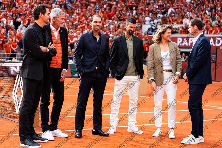Rafael Nadal (ESP) hommage Céremonie d'hommage à Rafael Nadal Federer (Roger) Mauresmo (Amélie) Nadal (Rafael) Moretton (Gilles) Djokovic (Novak) Murray (Andy) HOMMAGE NADAL 
