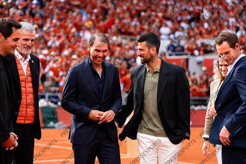 Rafael Nadal (ESP) hommage Céremonie d'hommage à Rafael Nadal Federer (Roger) Mauresmo (Amélie) Nadal (Rafael) Moretton (Gilles) Djokovic (Novak) Murray (Andy) HOMMAGE NADAL 