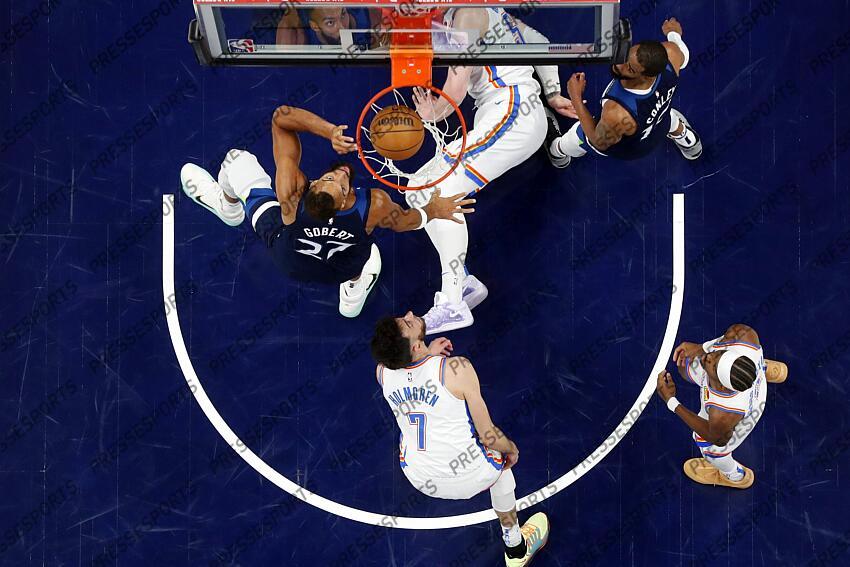May 26, 2025; Minneapolis, Minnesota, USA; Minnesota Timberwolves center Rudy Gobert (27) shoots then ball over Oklahoma City Thunder center Isaiah Hartenstein (55) during game four of the western conference finals for the 2025 NBA Playoffs at Target Center. Mandatory Credit: Bruce Kluckhohn-Imagn Images NBA: Playoffs-Oklahoma City Thunder at Minnesota Timberwolves 