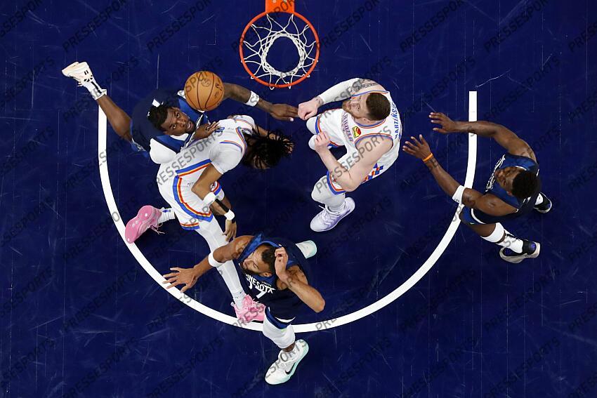 May 26, 2025; Minneapolis, Minnesota, USA; Minnesota Timberwolves center Naz Reid (11) and Oklahoma City Thunder center Isaiah Hartenstein (55) attempt to get a rebound during game four of the western conference finals for the 2025 NBA Playoffs at Target Center. Mandatory Credit: Bruce Kluckhohn-Imagn Images NBA: Playoffs-Oklahoma City Thunder at Minnesota Timberwolves 