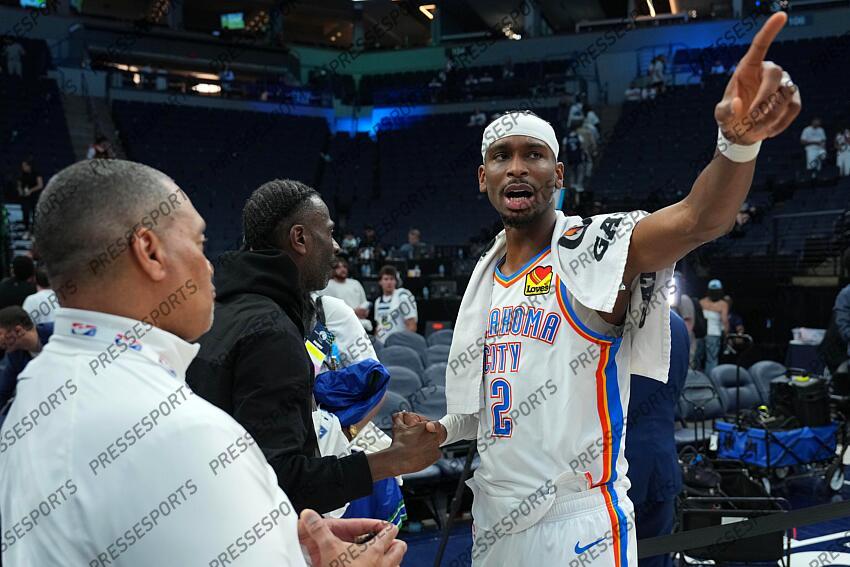 May 26, 2025; Minneapolis, Minnesota, USA; Oklahoma City Thunder guard Shai Gilgeous-Alexander (2) reacts after defeating the Minnesota Timberwolves in game four of the western conference finals for the 2025 NBA Playoffs at Target Center. Mandatory Credit: Jesse Johnson-Imagn Images NBA: Playoffs-Oklahoma City Thunder at Minnesota Timberwolves 