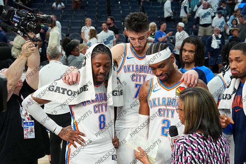 May 26, 2025; Minneapolis, Minnesota, USA; Oklahoma City Thunder forward Jalen Williams (8), forward Chet Holmgren (7) and guard Shai Gilgeous-Alexander (2) talk to the media after defeating the Minnesota Timberwolves in game four of the western conference finals for the 2025 NBA Playoffs at Target Center. Mandatory Credit: Jesse Johnson-Imagn Images NBA: Playoffs-Oklahoma City Thunder at Minnesota Timberwolves 
