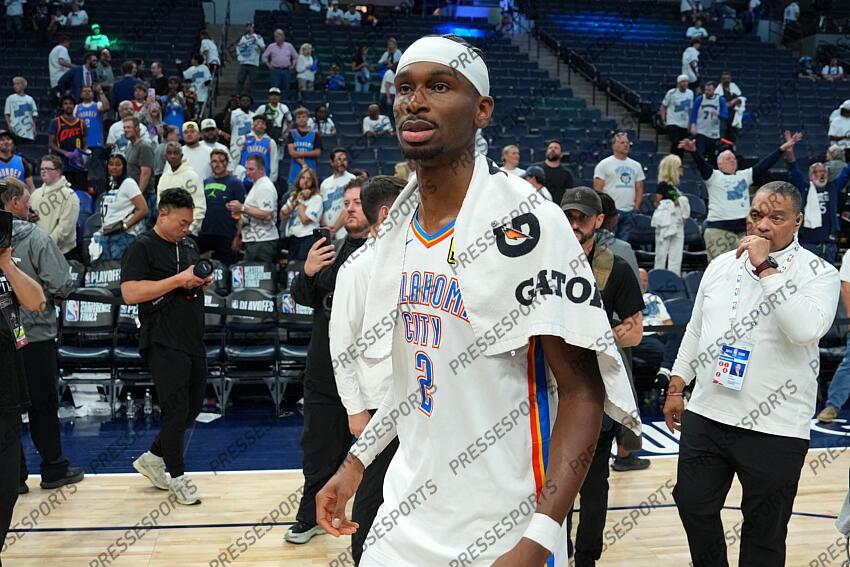 May 26, 2025; Minneapolis, Minnesota, USA; Oklahoma City Thunder guard Shai Gilgeous-Alexander (2) reacts after defeating the Minnesota Timberwolves in game four of the western conference finals for the 2025 NBA Playoffs at Target Center. Mandatory Credit: Jesse Johnson-Imagn Images NBA: Playoffs-Oklahoma City Thunder at Minnesota Timberwolves 