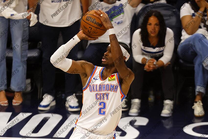May 26, 2025; Minneapolis, Minnesota, USA;Oklahoma City Thunder guard Shai Gilgeous-Alexander (2) shoots the ball against the Minnesota Timberwolves in the second half during game four of the western conference finals for the 2025 NBA Playoffs at Target Center. Mandatory Credit: Bruce Kluckhohn-Imagn Images NBA: Playoffs-Oklahoma City Thunder at Minnesota Timberwolves 