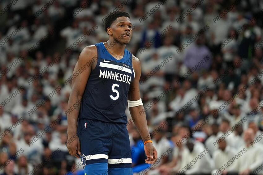 May 26, 2025; Minneapolis, Minnesota, USA;Minnesota Timberwolves guard Anthony Edwards (5) reacts against the Oklahoma City Thunder in the first half during game four of the western conference finals for the 2025 NBA Playoffs at Target Center. Mandatory Credit: Jesse Johnson-Imagn Images NBA: Playoffs-Oklahoma City Thunder at Minnesota Timberwolves 