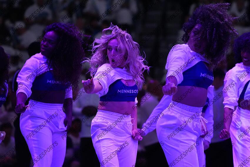 May 26, 2025; Minneapolis, Minnesota, USA; the Minnesota Timberwolves cheerleaders perform against the Oklahoma City Thunder in the second half during game four of the western conference finals for the 2025 NBA Playoffs at Target Center. Mandatory Credit: Bruce Kluckhohn-Imagn Images NBA: Playoffs-Oklahoma City Thunder at Minnesota Timberwolves 