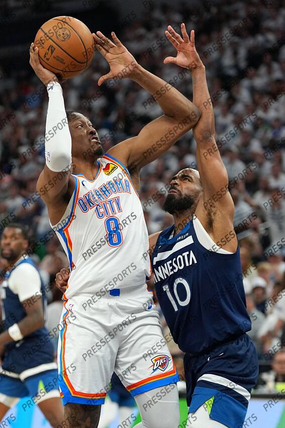 May 26, 2025; Minneapolis, Minnesota, USA; Oklahoma City Thunder forward Jalen Williams (8) shoots the ball over Minnesota Timberwolves guard Mike Conley (10) in the first half during game four of the western conference finals for the 2025 NBA Playoffs at Target Center. Mandatory Credit: Jesse Johnson-Imagn Images NBA: Playoffs-Oklahoma City Thunder at Minnesota Timberwolves 