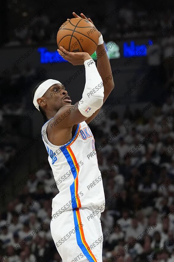 May 26, 2025; Minneapolis, Minnesota, USA; Oklahoma City Thunder guard Shai Gilgeous-Alexander (2) shoots the ball against the Minnesota Timberwolves in the first half during game four of the western conference finals for the 2025 NBA Playoffs at Target Center. Mandatory Credit: Bruce Kluckhohn-Imagn Images NBA: Playoffs-Oklahoma City Thunder at Minnesota Timberwolves 