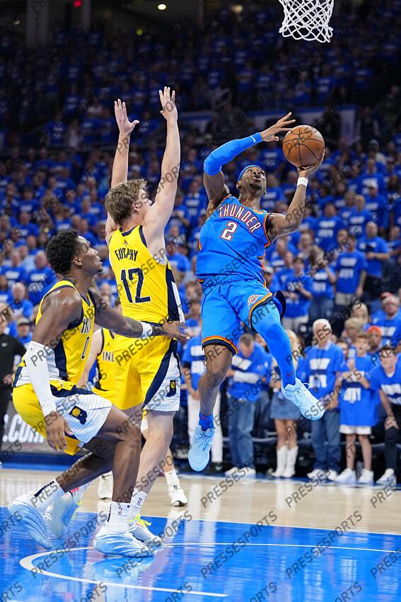 Jun 8, 2025; Oklahoma City, Oklahoma, USA; Oklahoma City Thunder guard Shai Gilgeous-Alexander (2) shoots the ball against Indiana Pacers forward Johnny Furphy (12) during the second half during game two of the 2025 NBA Finals at Paycom Center. Mandatory Credit: Kyle Terada-Imagn Images Game 2 Indiana Pacers at Oklahoma City Thunder 