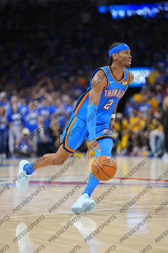 Jun 8, 2025; Oklahoma City, Oklahoma, USA; Oklahoma City Thunder guard Shai Gilgeous-Alexander (2) dribbles the ball against the Indiana Pacers during the second half during game two of the 2025 NBA Finals at Paycom Center. Mandatory Credit: Kyle Terada-Imagn Images Game 2 Indiana Pacers at Oklahoma City Thunder 