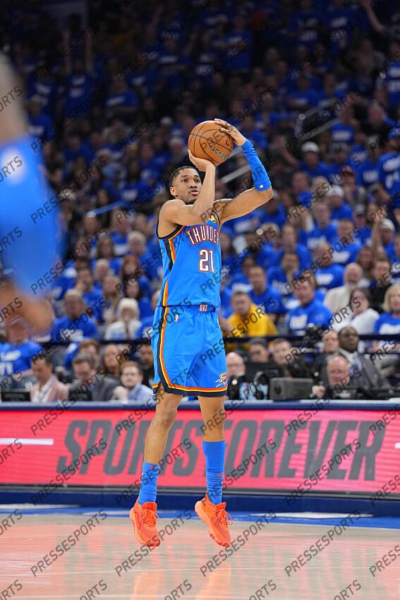 Jun 8, 2025; Oklahoma City, Oklahoma, USA; Oklahoma City Thunder guard Aaron Wiggins (21) shoots the ball against the Indiana Pacers during the second half during game two of the 2025 NBA Finals at Paycom Center. Mandatory Credit: Kyle Terada-Imagn Images Game 2 Indiana Pacers at Oklahoma City Thunder 