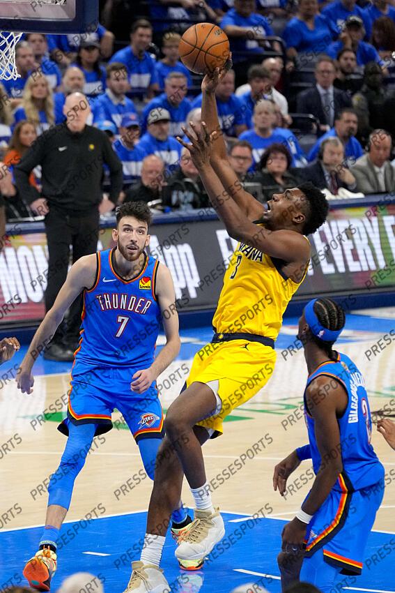 Jun 8, 2025; Oklahoma City, Oklahoma, USA; Indiana Pacers center Thomas Bryant (3) makes a jump shot past Oklahoma City Thunder guard Shai Gilgeous-Alexander (2) during the third quarter of game two of the 2025 NBA Finals at Paycom Center. Mandatory Credit: Kyle Terada-Imagn Images Game 2 Indiana Pacers at Oklahoma City Thunder 
