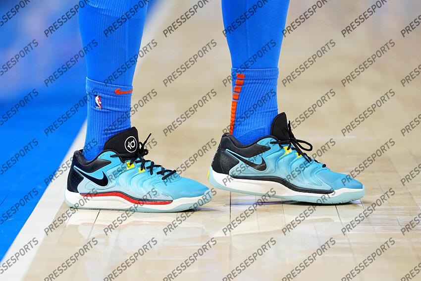 Jun 8, 2025; Oklahoma City, Oklahoma, USA; A detail view of the shoes worn by Oklahoma City Thunder center Isaiah Hartenstein (55) during the second half during game two of the 2025 NBA Finals at Paycom Center. Mandatory Credit: Kyle Terada-Imagn Images Game 2 Indiana Pacers at Oklahoma City Thunder 