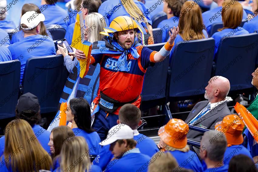 Jun 8, 2025; Oklahoma City, Oklahoma, USA; An Oklahoma City Thunder fan fires up the crowd during the third quarter against the Indiana Pacers in game two of the 2025 NBA Finals at Paycom Center. Mandatory Credit: Alonzo Adams-Imagn Images Game 2 Indiana Pacers at Oklahoma City Thunder 