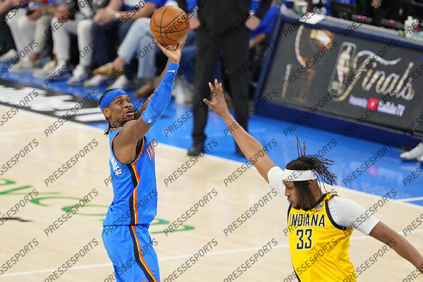 Jun 8, 2025; Oklahoma City, Oklahoma, USA; Oklahoma City Thunder guard Shai Gilgeous-Alexander (2) shoots the ball against Indiana Pacers center Myles Turner (33) during the second half during game two of the 2025 NBA Finals at Paycom Center. Mandatory Credit: Kyle Terada-Imagn Images Game 2 Indiana Pacers at Oklahoma City Thunder 