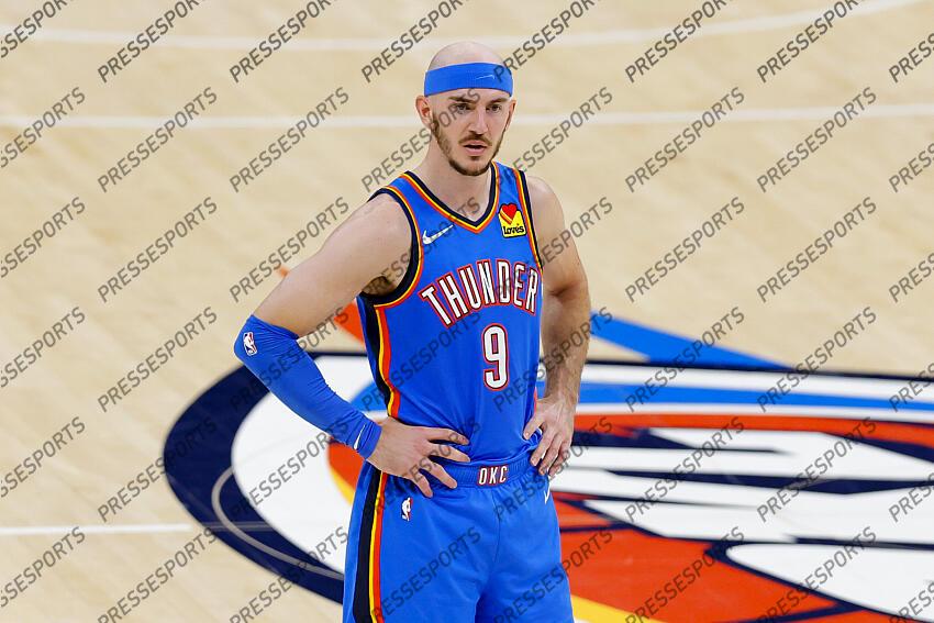 Jun 8, 2025; Oklahoma City, Oklahoma, USA; Oklahoma City Thunder guard Alex Caruso (9) looks on during the third quarter against the Indiana Pacers in game two of the 2025 NBA Finals at Paycom Center. Mandatory Credit: Alonzo Adams-Imagn Images Game 2 Indiana Pacers at Oklahoma City Thunder 