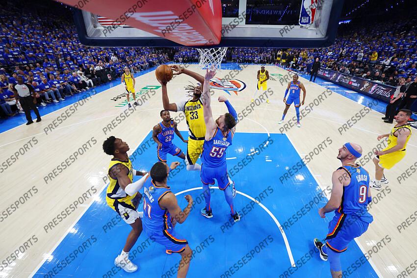 Jun 8, 2025; Oklahoma City, Oklahoma, USA; Indiana Pacers center Myles Turner (33) shoots against Oklahoma City Thunder center Isaiah Hartenstein (55) during the second half during game two of the 2025 NBA Finals at Paycom Center. Mandatory Credit: Julio Cortez-Pool Photo via Imagn Images Game 2 Indiana Pacers at Oklahoma City Thunder 