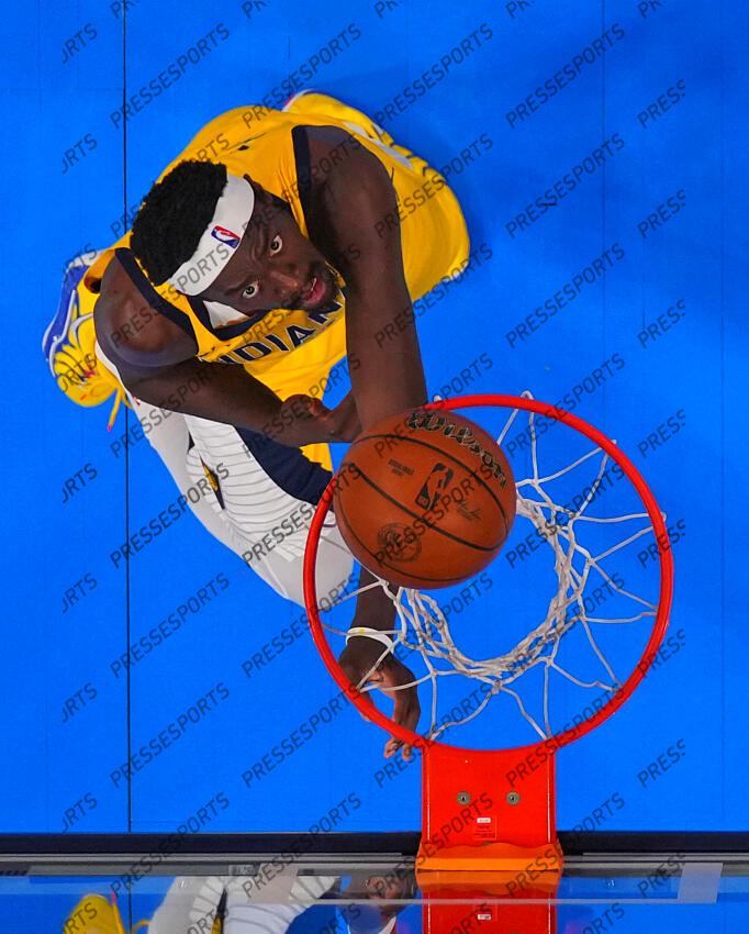 Jun 8, 2025; Oklahoma City, Oklahoma, USA; Indiana Pacers forward Pascal Siakam (43) watches his shot against the Oklahoma City Thunder during the first half during game two of the 2025 NBA Finals at Paycom Center. Mandatory Credit: Kyle Terada-Imagn Images Game 2 Indiana Pacers at Oklahoma City Thunder 