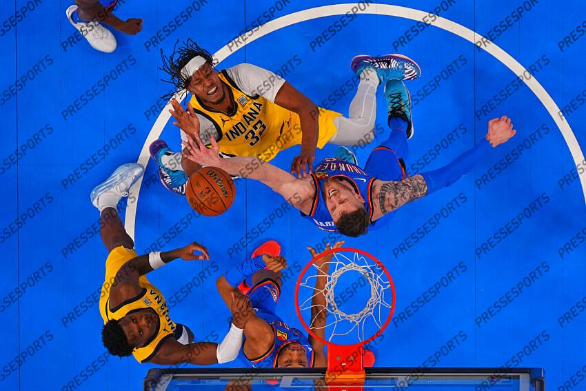 Jun 8, 2025; Oklahoma City, Oklahoma, USA; Indiana Pacers center Myles Turner (33) shoots the ball against Oklahoma City Thunder center Isaiah Hartenstein (55) during the first half during game two of the 2025 NBA Finals at Paycom Center. Mandatory Credit: Kyle Terada-Imagn Images Game 2 Indiana Pacers at Oklahoma City Thunder 
