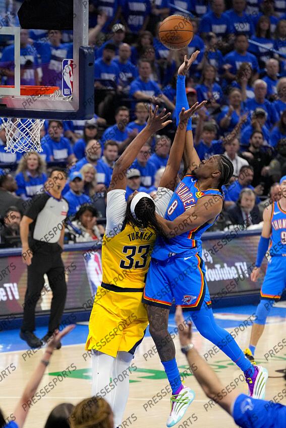 Jun 8, 2025; Oklahoma City, Oklahoma, USA; Oklahoma City Thunder forward Jalen Williams (8) shoots over Indiana Pacers center Myles Turner (33) during the second quarter of game two of the 2025 NBA Finals at Paycom Center. Mandatory Credit: Kyle Terada-Imagn Images Game 2 Indiana Pacers at Oklahoma City Thunder 