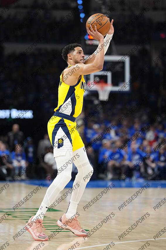 Jun 8, 2025; Oklahoma City, Oklahoma, USA; Indiana Pacers guard Tyrese Haliburton (0) shoots the ball against the Oklahoma City Thunder during the first half during game two of the 2025 NBA Finals at Paycom Center. Mandatory Credit: Kyle Terada-Imagn Images Game 2 Indiana Pacers at Oklahoma City Thunder 