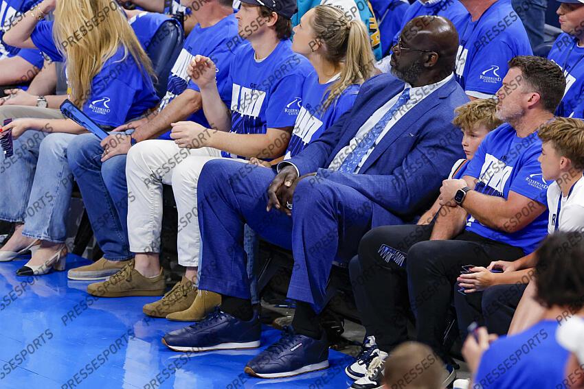 Jun 8, 2025; Oklahoma City, Oklahoma, USA; Former NBA player Shaquille O'Neal watches the game between the Oklahoma City Thunder and the Indiana Pacers during the second quarter of game two of the 2025 NBA Finals at Paycom Center. Mandatory Credit: Alonzo Adams-Imagn Images Game 2 Indiana Pacers at Oklahoma City Thunder 
