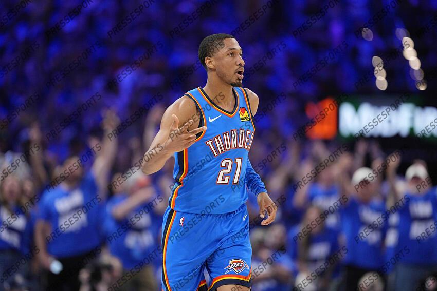 Jun 8, 2025; Oklahoma City, Oklahoma, USA; Oklahoma City Thunder guard Aaron Wiggins (21) reacts after a play against the Indiana Pacers during the first half during game two of the 2025 NBA Finals at Paycom Center. Mandatory Credit: Kyle Terada-Imagn Images Game 2 Indiana Pacers at Oklahoma City Thunder 